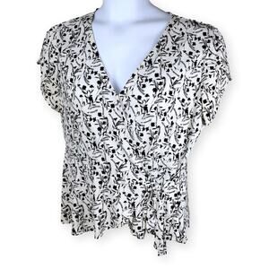 A.U.W Wrap Top Women’s White Black Floral Short Sleeves XL